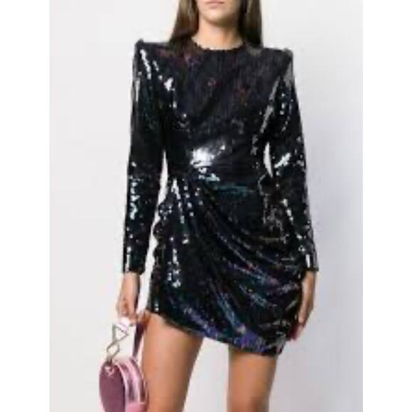 Alex Perry Iris Petrol Blue Sequins Shoulder Pads Draped Mini dress US size 10 - Picture 2 of 14